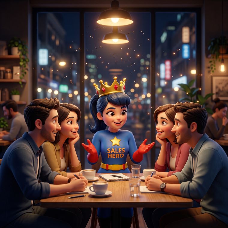 ครูแม็พการ์ตูนคุยกับกลุ่มลูกค้า 4 คนในร้านกาแฟ